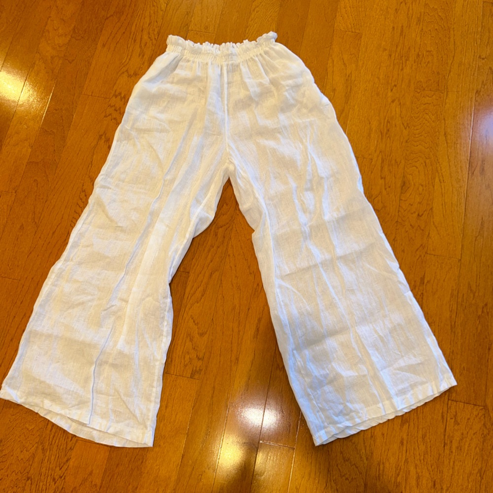Brand Bazar Linen White Wide Leg See Through Elastic Waist Pants